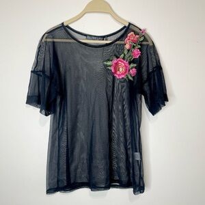 Potters pot Women’s Whimsigoth Black Mesh Top  Grunge Floral Embroidered M